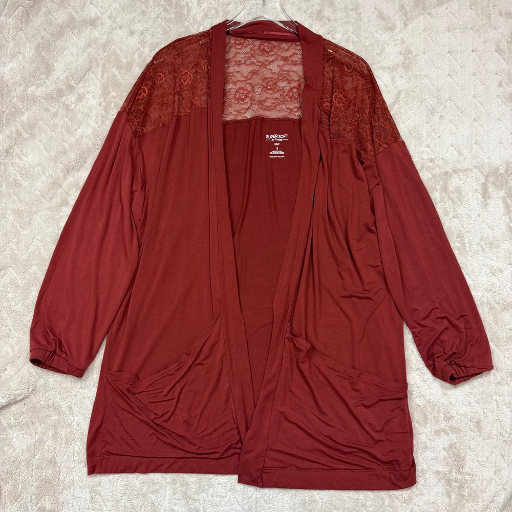 Torrid Super Soft Knit Lace Back Cardigan Burgundy Red Pockets Size 3 3X